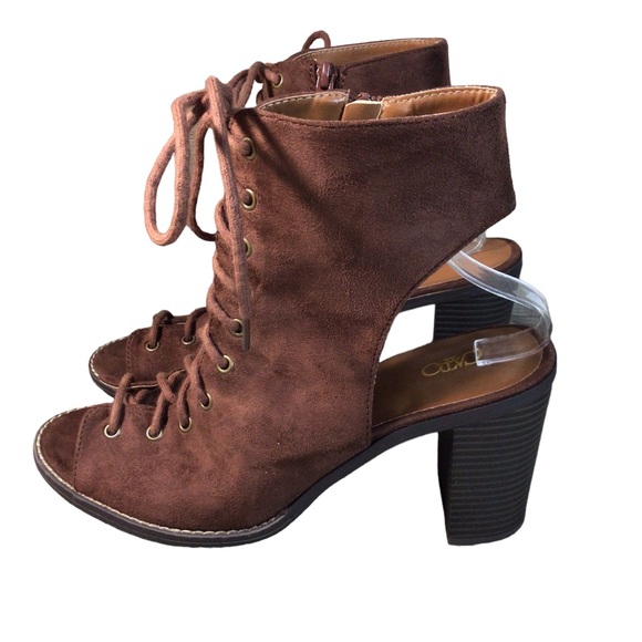 Cato Shoes - Cato Gladiator Open Toe Stacked Heel Size 11 Lace Up Side Zip Brown